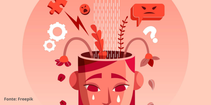 Ilustração de mulher jovem chorando e com a cabeça aberta e diversos elementos representando a esquizofrenia